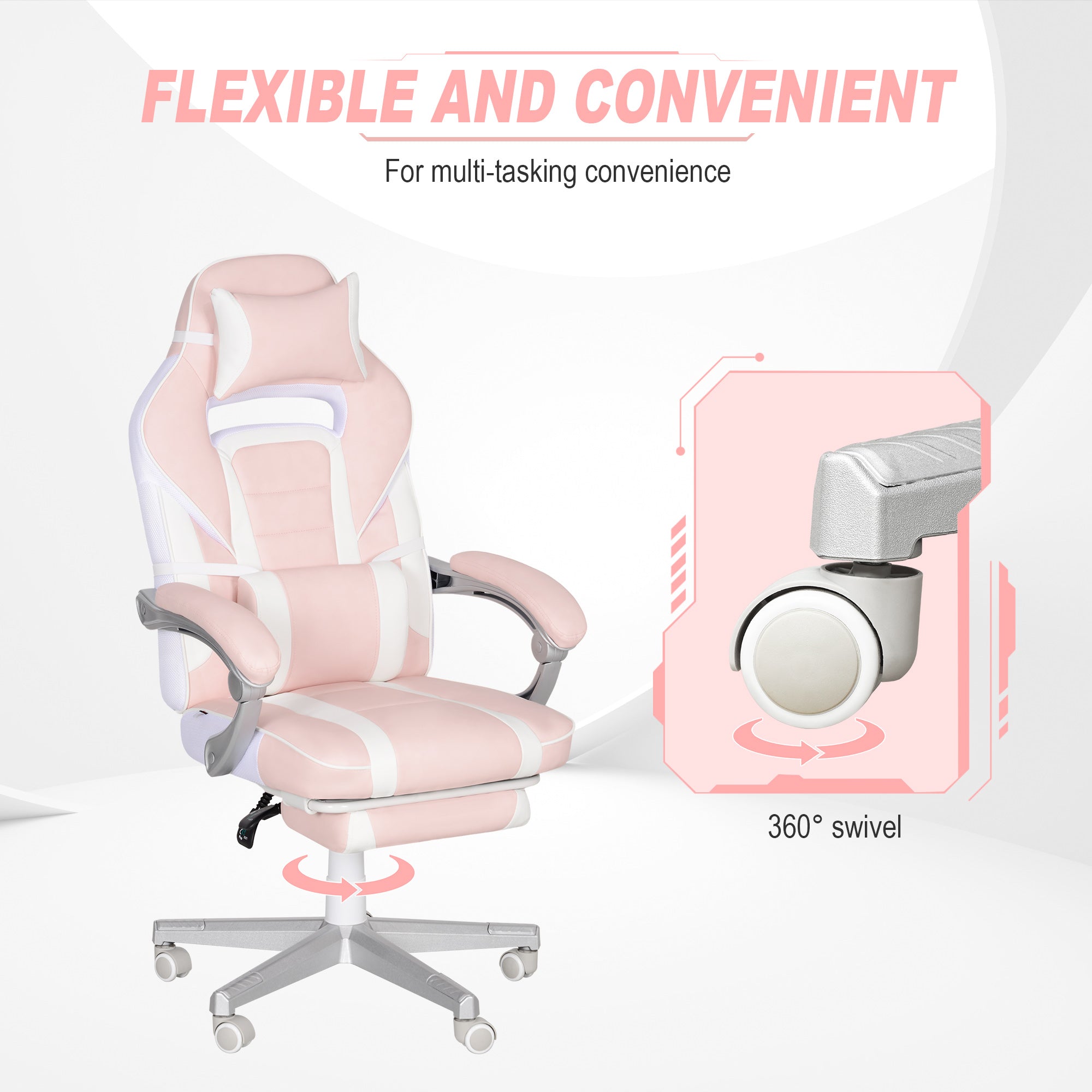 HOMCOM Faux Leather Reclining Gaming Chair, with Footrest - Pink/White - anydaydirect