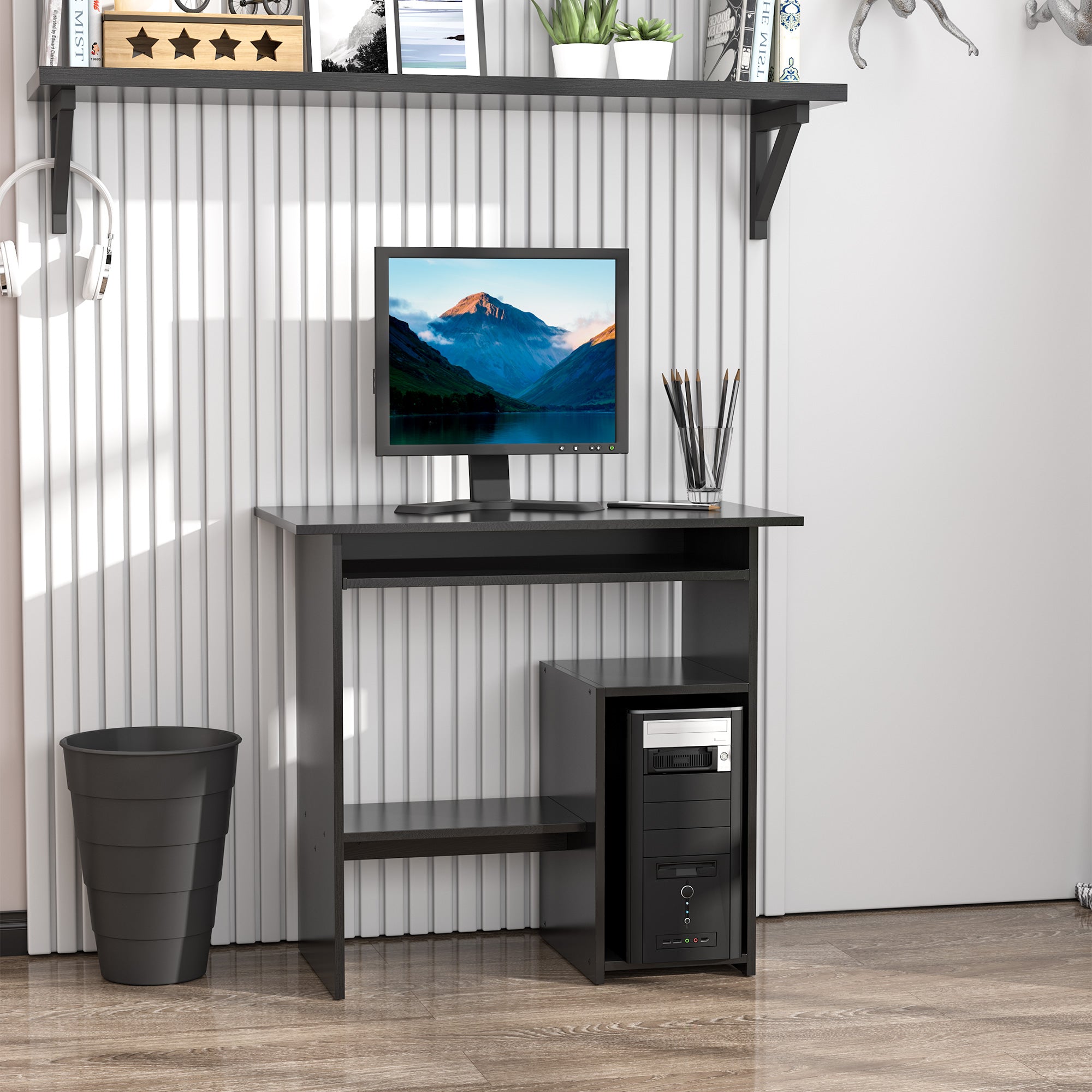 HOMCOM Compact Small Computer Table Wooden Desk Keyboard Tray Storage Shelf Modern Corner Table Home Office Black - anydaydirect