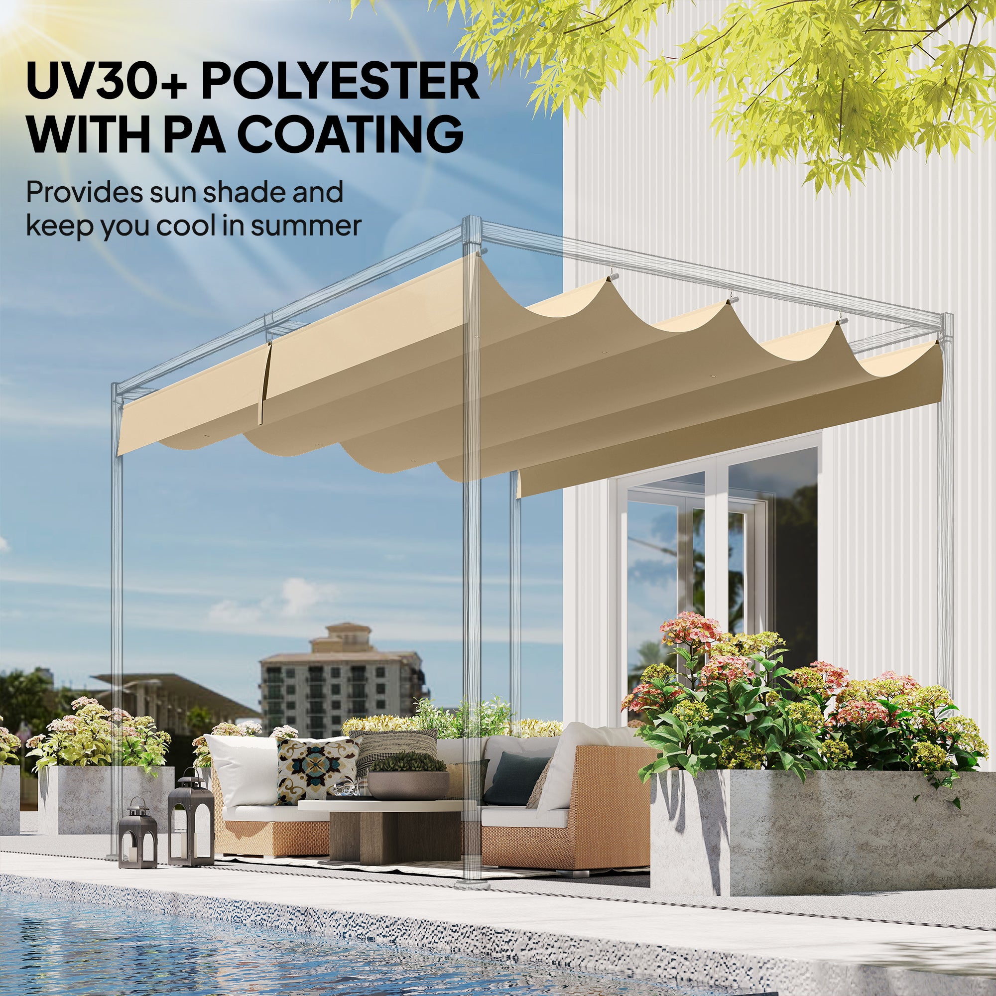 Outsunny Retractable Pergola Canopy Only, 3.92 x 3.5 m, UV30+ Replacement Canopy Cover for 4 x 3 m Pergola, Khaki - anydaydirect