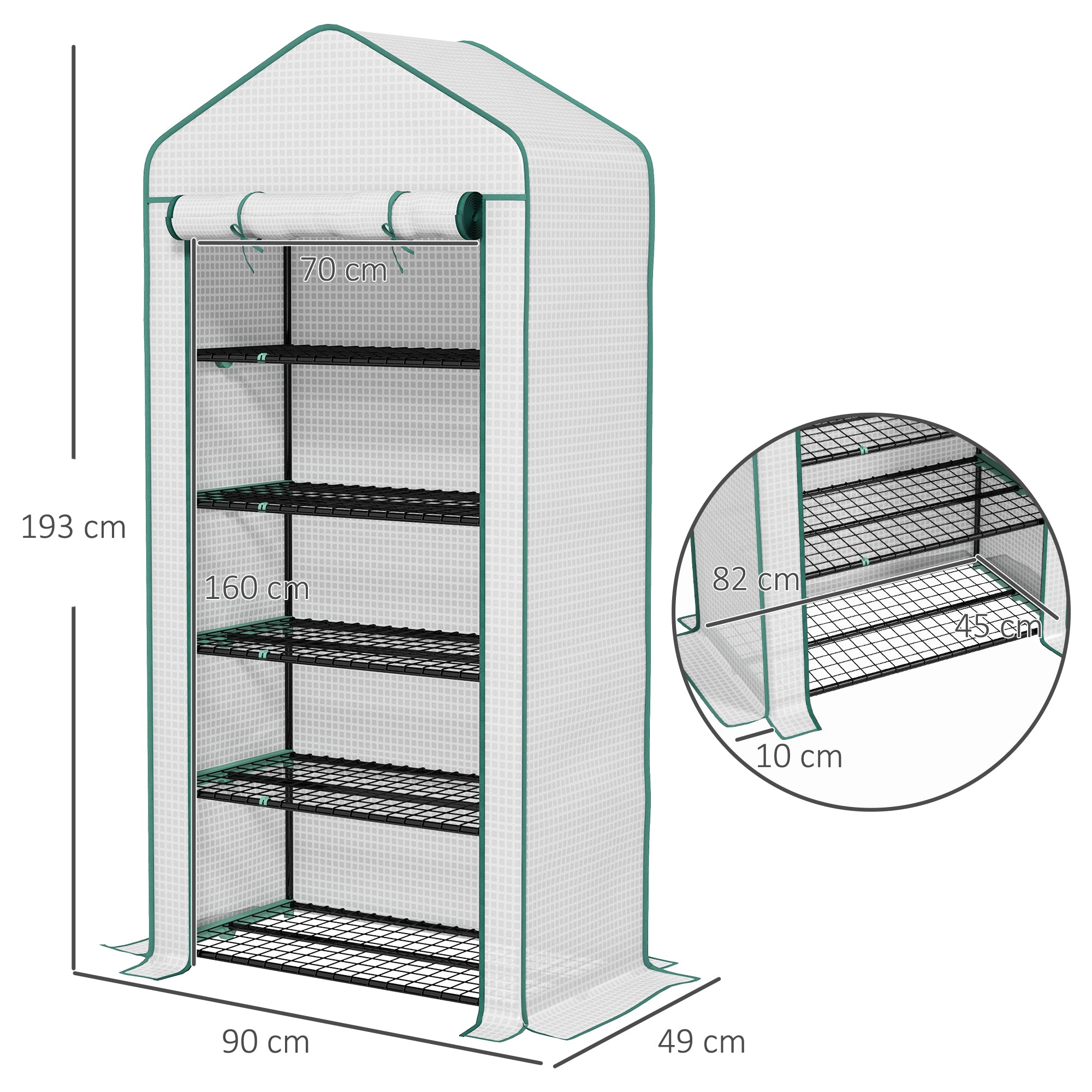 Outsunny 5 Tier Widened Mini Greenhouse with Reinforced PE Cover, Portable Indoor Outdoor Green House with Roll-up Door and Wire Shelves, 193H x 90W x 49Dcm, White - anydaydirect