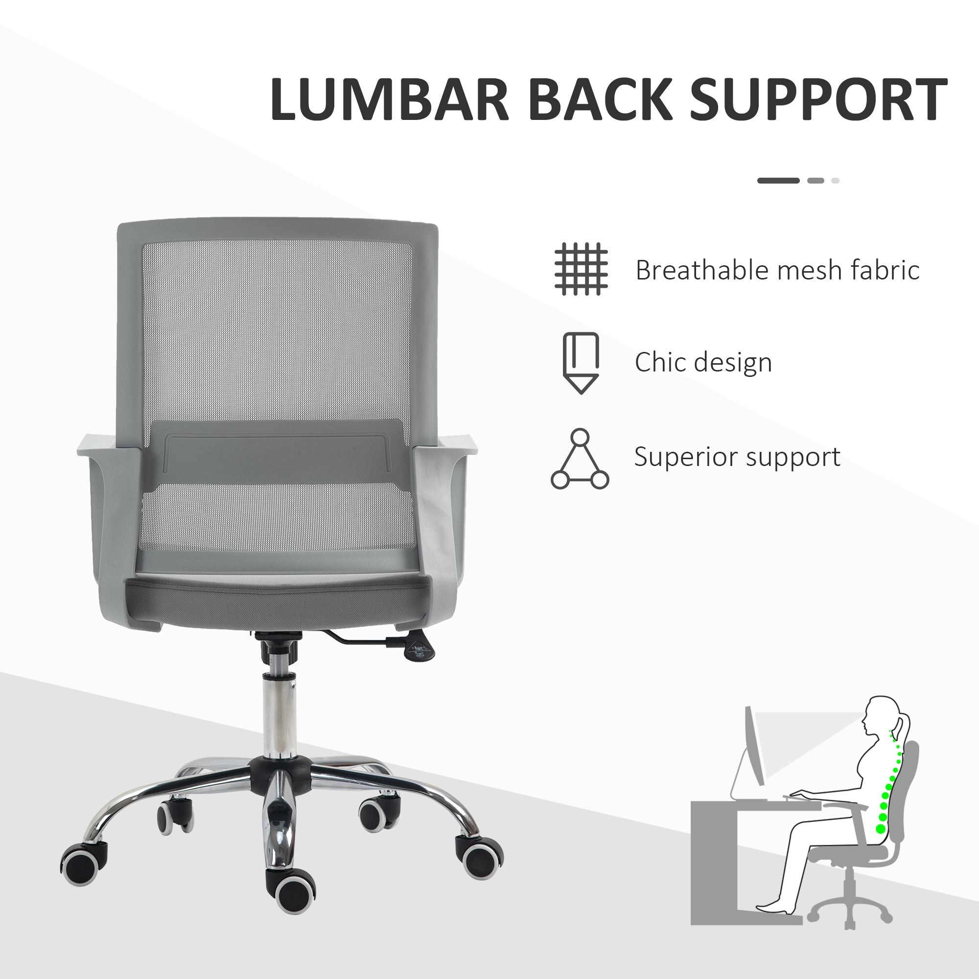 Vinsetto Ergonomic Desk Chair Mesh Office Chair with Adjustable Height Armrest and 360° Swivel Castor Wheels Grey - anydaydirect