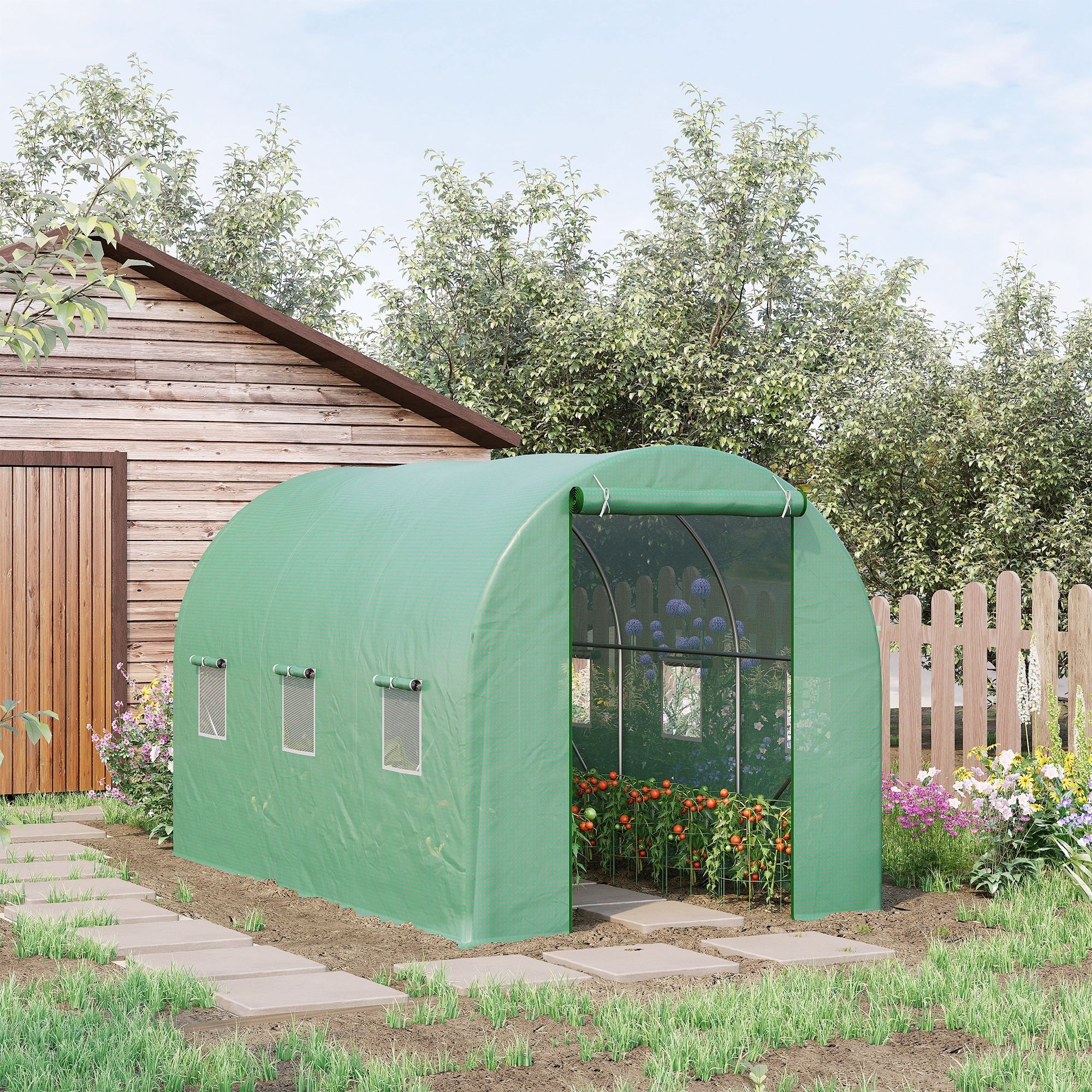 Outsunny 3.5 x 2m Walk-In Polytunnel Greenhouse, with Steel Frame, PE Cover, Roll-Up Door and 6 Windows, Green - anydaydirect