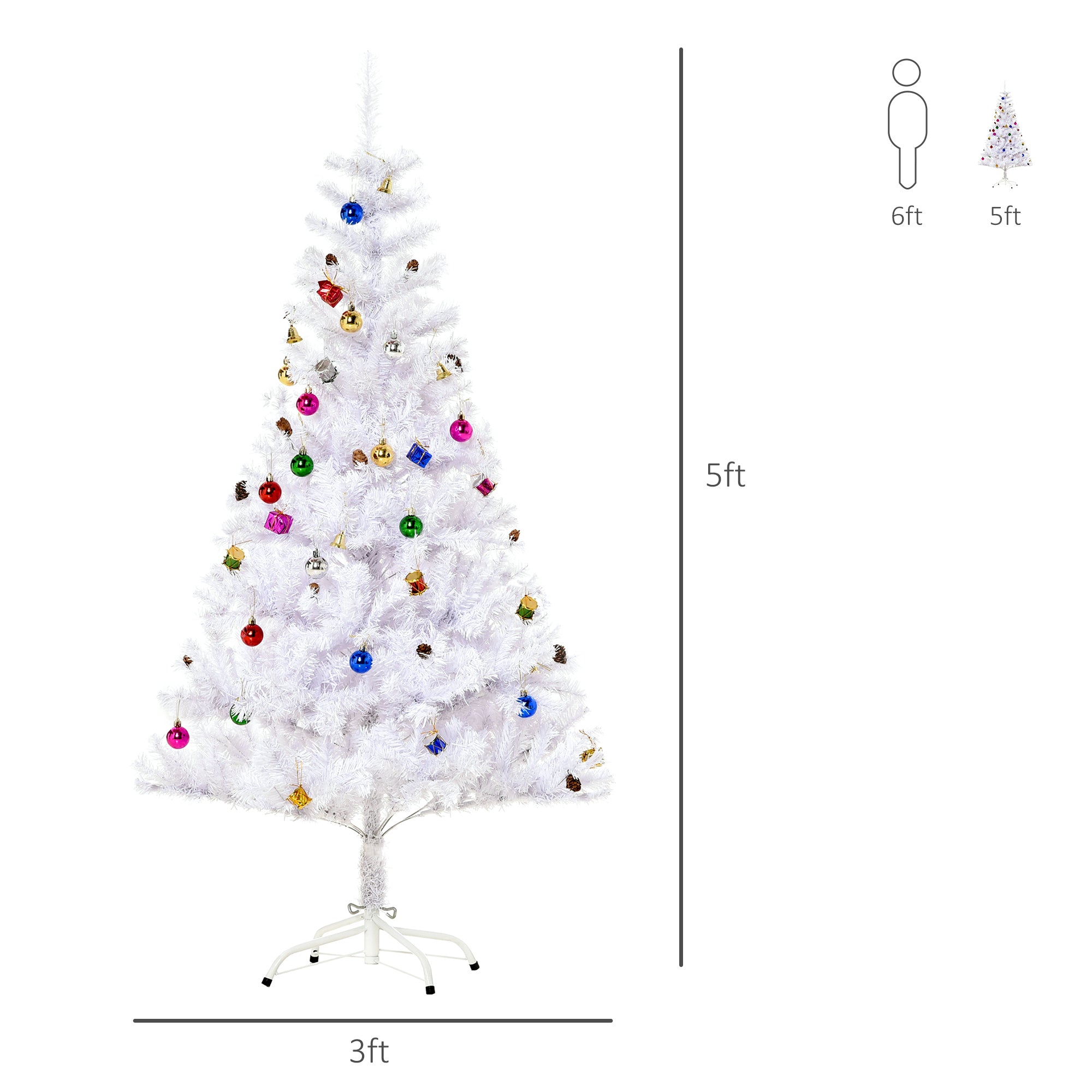 HOMCOM 4.9ft Artificial Christmas Tree Holiday Home Decoration with Xmas Ornaments and Metal Stand, White - anydaydirect