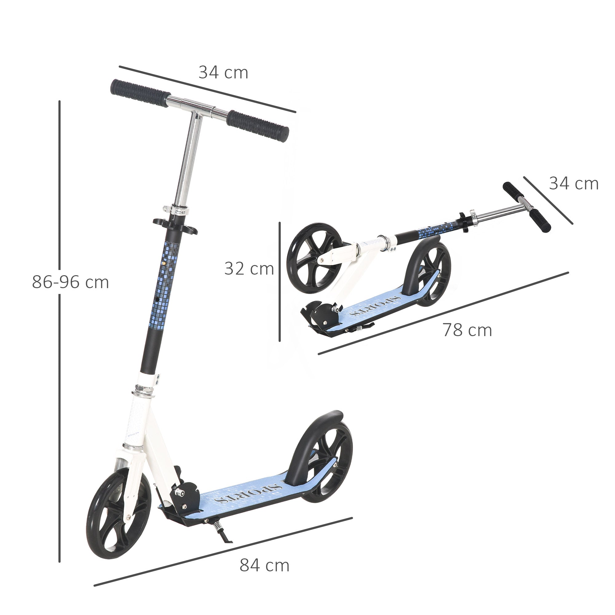 HOMCOM 2 Wheel Kids Stunt Kick Scooter Foldable Teens Commuter Aluminium Frame Adjustable Handles - White Blue - anydaydirect