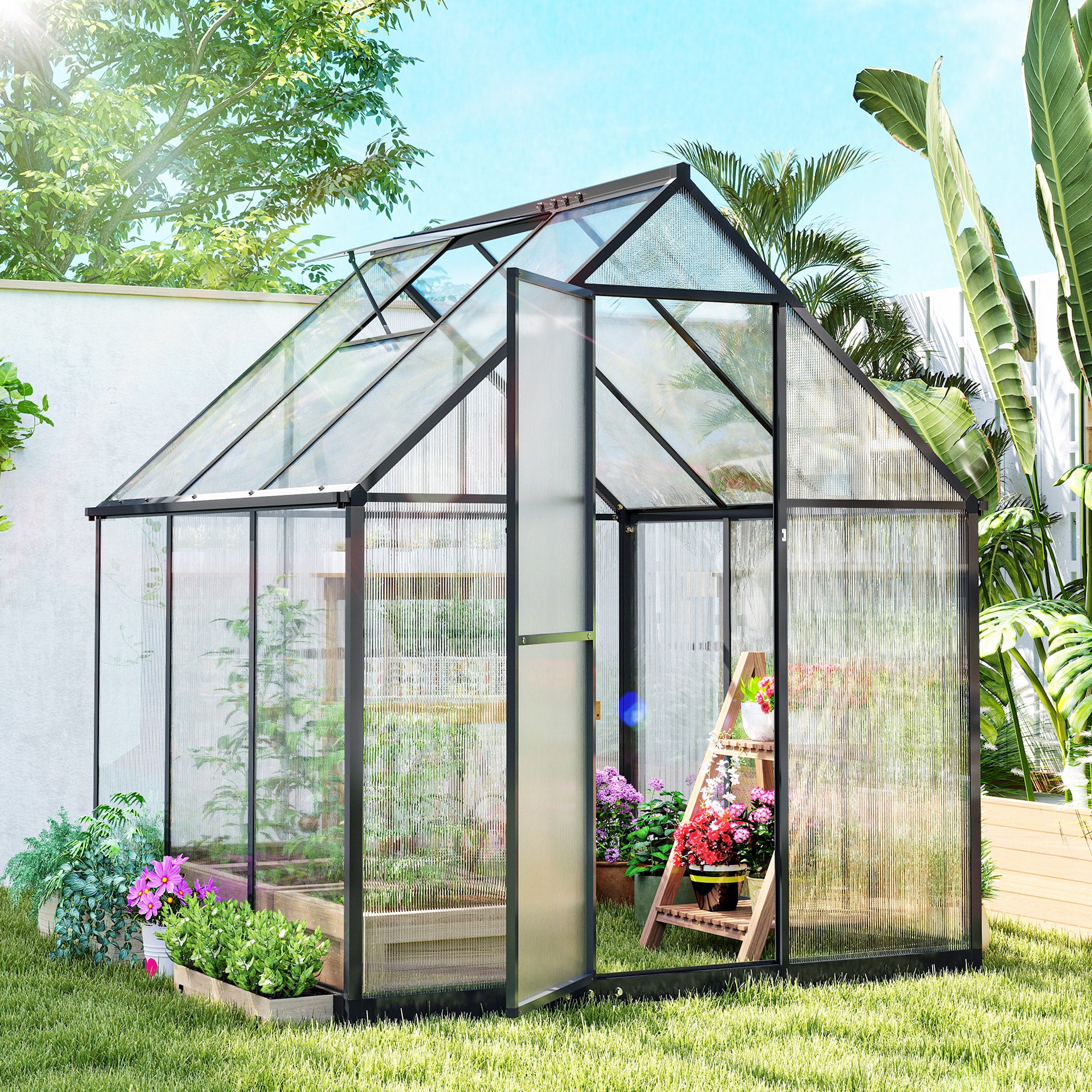 Outsunny Polycarbonate Greenhouse with Swing Door and Adjustable Window, Walk-in Greenhouse with Rain Gutter, 6 x 6.5ft, Black - anydaydirect