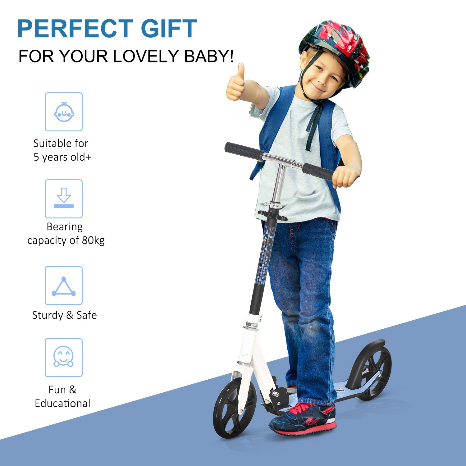 HOMCOM 2 Wheel Kids Stunt Kick Scooter Foldable Teens Commuter Aluminium Frame Adjustable Handles - White Blue - anydaydirect