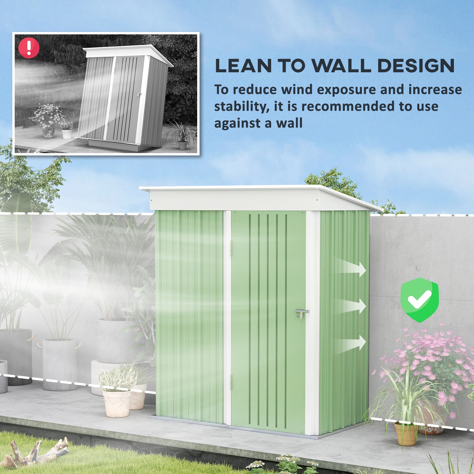 Outsunny 5'x3'x6' Metal Garden Shed Roofed Lean-to Shed for Tool Motor Bike, with Adjustable Shelf, Lock, Gloves, Green - anydaydirect