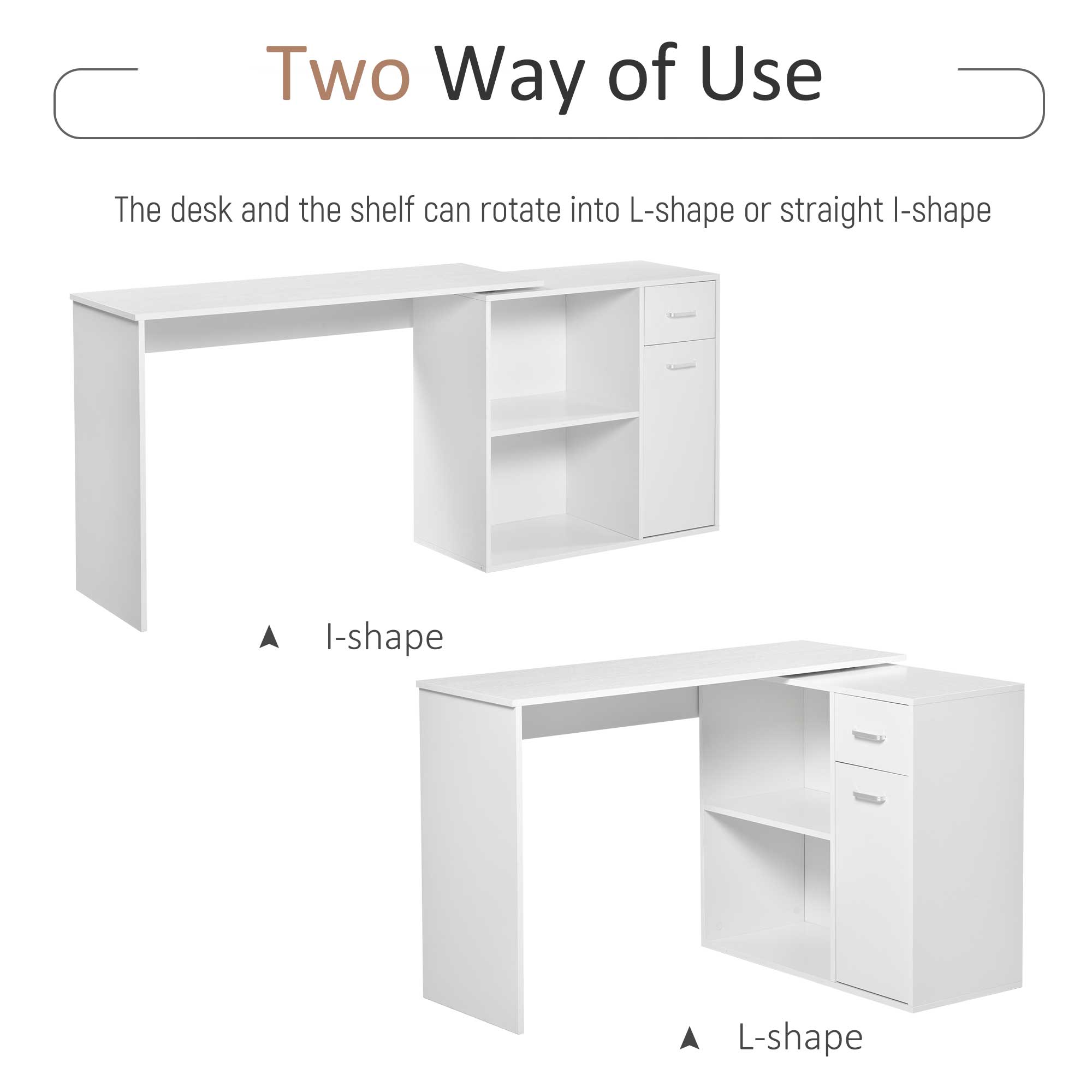 HOMCOM L-Shaped Desk, Corner Computer Desk, Adjustable Study Table with Storage Shelf, Drawer and Cabinet, Workstation for Home Office, White Wood Grain - anydaydirect