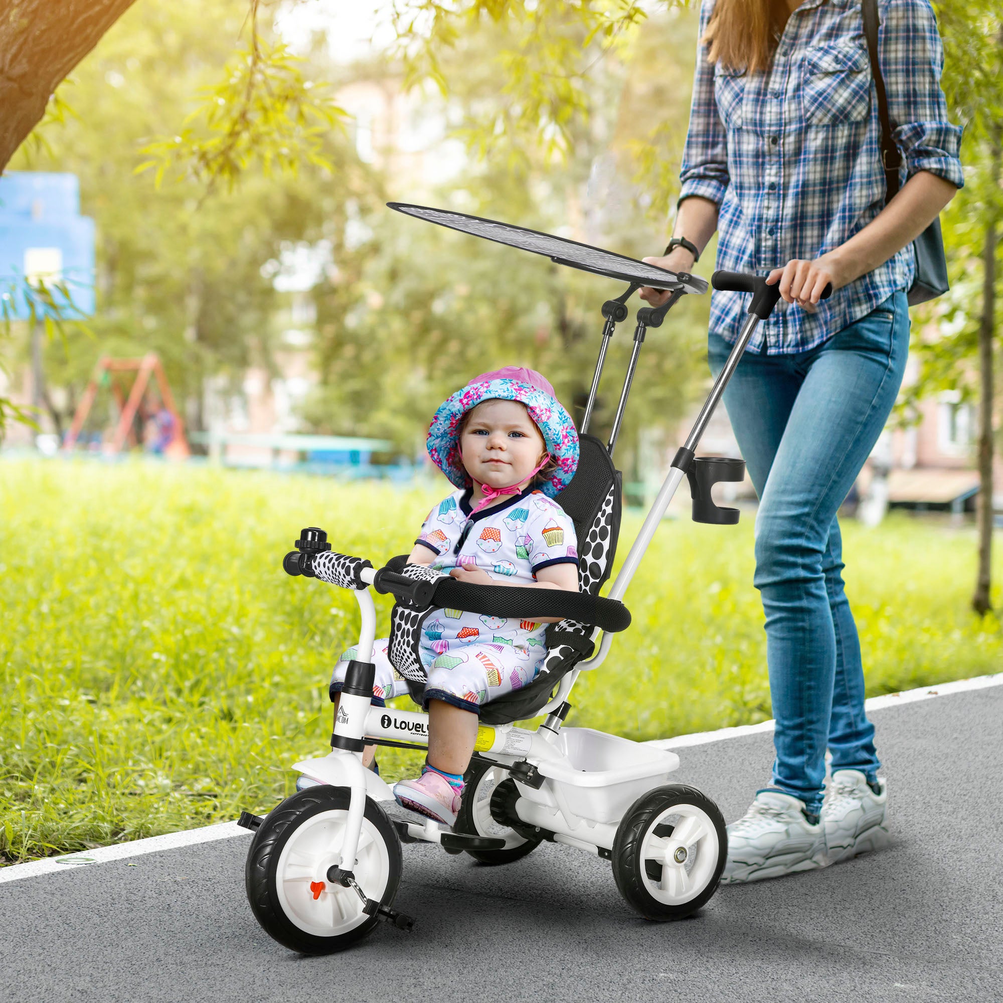 HOMCOM 4 in 1 Tricycle for Kids with 5-point harness straps, Removable Canopy, White - anydaydirect