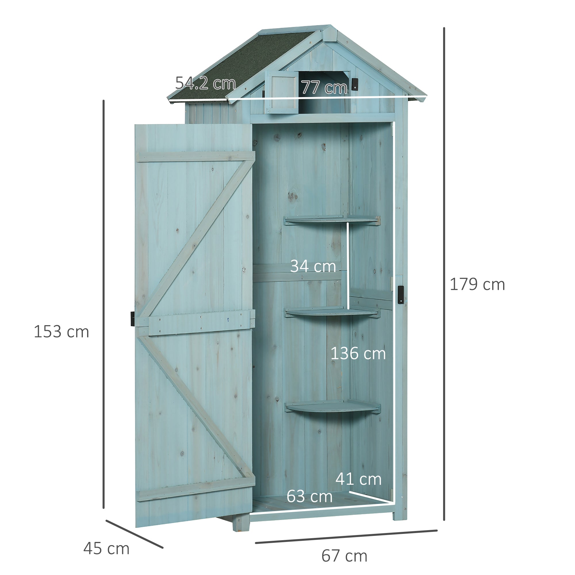 Outsunny Garden Shed Vertical Utility 3 Shelves Shed Wood Outdoor Garden Tool Storage Unit Storage Cabinet, 77 x 54.2 x 179cm - Blue - anydaydirect