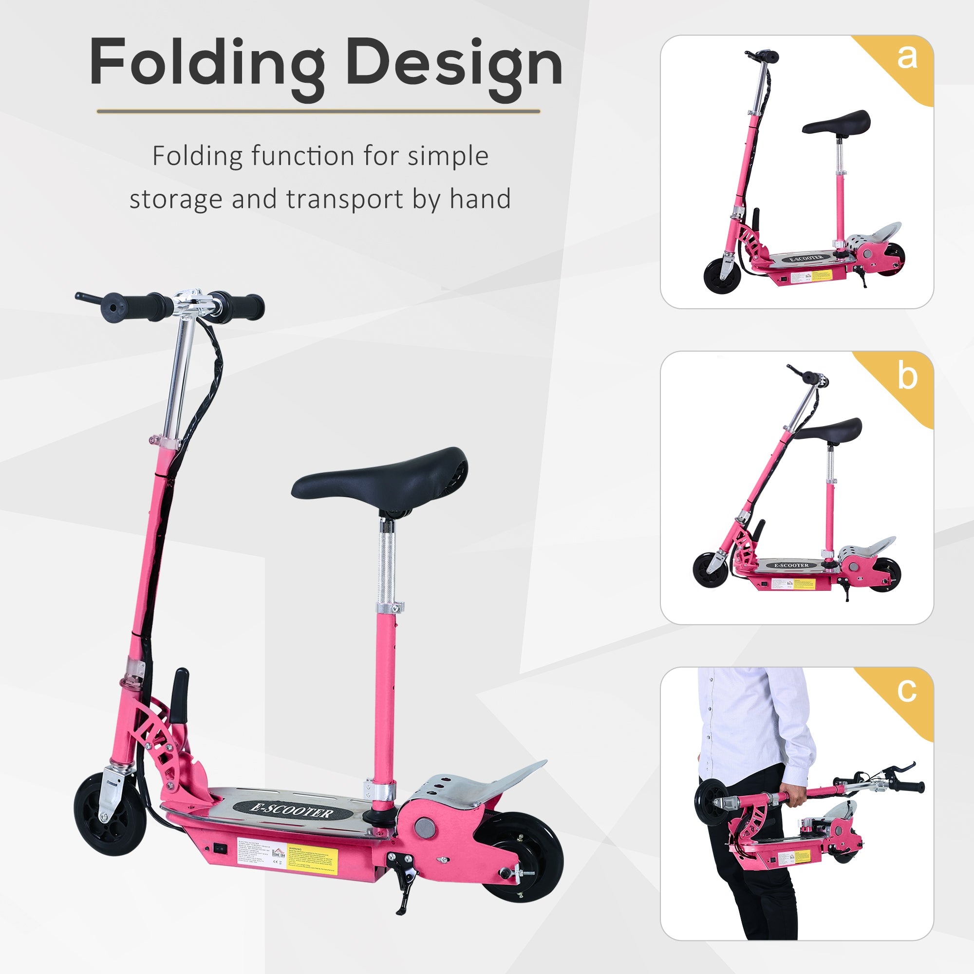 HOMCOM 120W Teens Foldable Kids Powered Scooters 24V Rechargeable Battery Adjustable Ride on Outdoor Toy (Pink) - anydaydirect