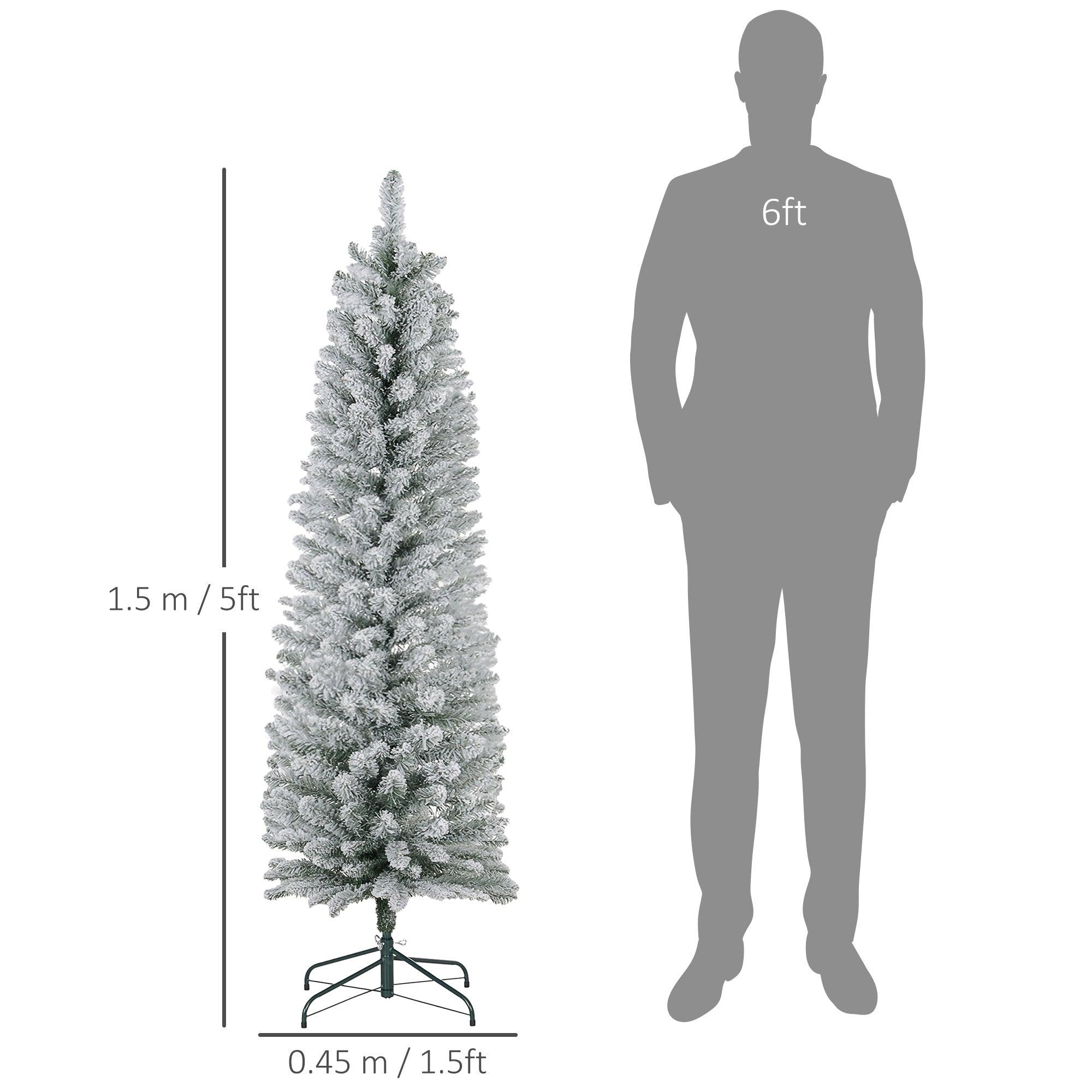 HOMCOM 5ft Artificial Pencil Christmas Tree with 263 Snow Flocked Tips, Metal Base, Realistic Xmas Tree - anydaydirect