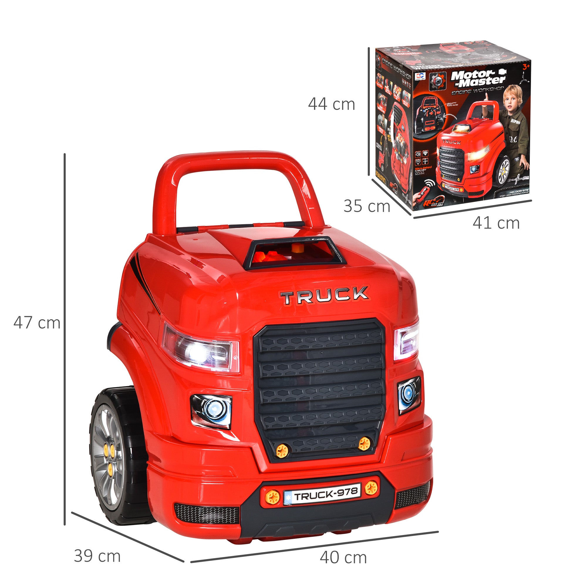 HOMCOM Kids Toy Truck Set, Toddler Educational Car Service Station Playset, Take Apart Workshop, w/ RC Car Key, Light, for 3-5 Years Old Red - anydaydirect