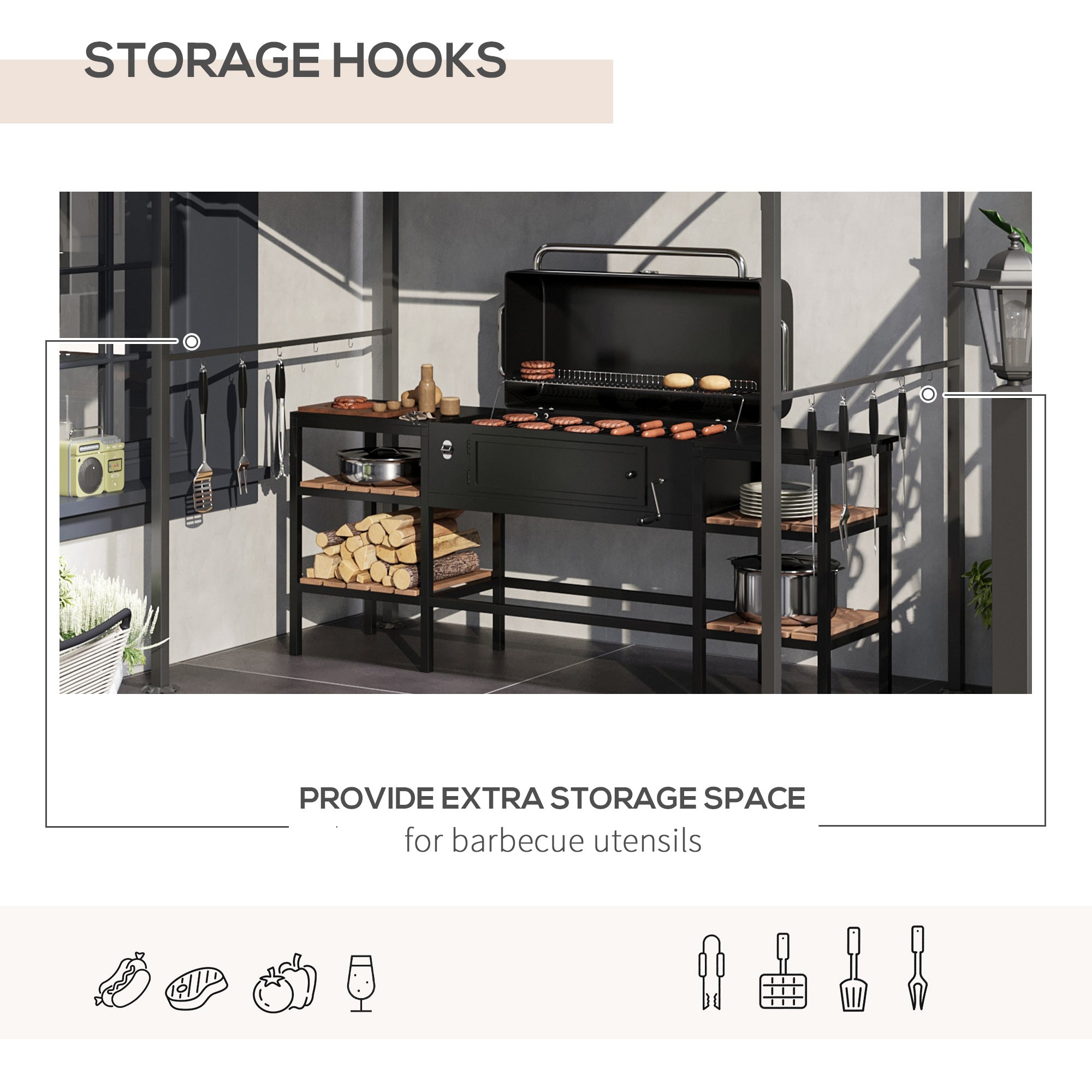 Outsunny 2.2 x 1.5 m BBQ Grill Gazebo Tent, Garden Grill with Metal Frame, Curved Canopy and 10 Hooks, Outdoor Sun Shade, Beige - anydaydirect