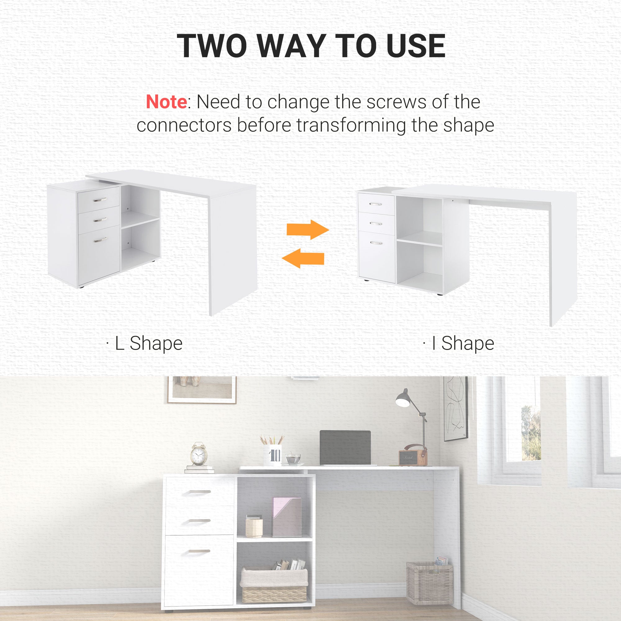 HOMCOM L Shaped Computer Desk, Reversible Home Office Desk with Drawers, File Cabinet and Storage Shelves, Study Table, 117 x 83.5 x 76cm, White - anydaydirect