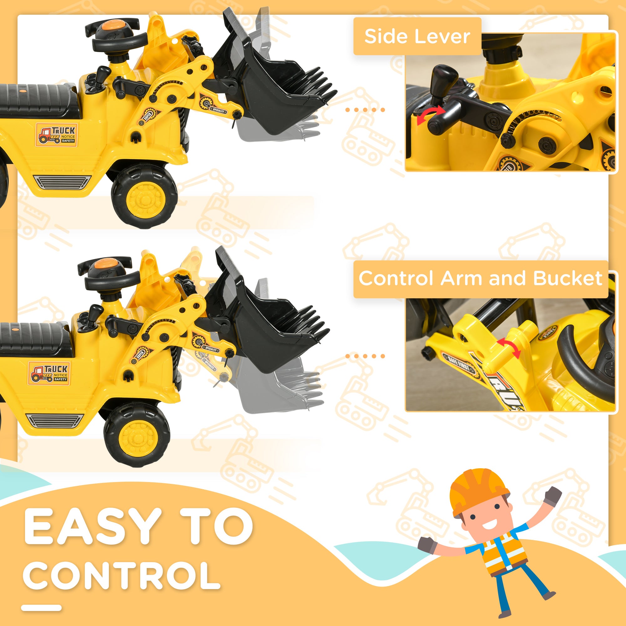 HOMCOM NO POWER 3 in 1 Ride On Toy Bulldozer Digger Tractor Pulling Cart Pretend Play Construction Truck - anydaydirect