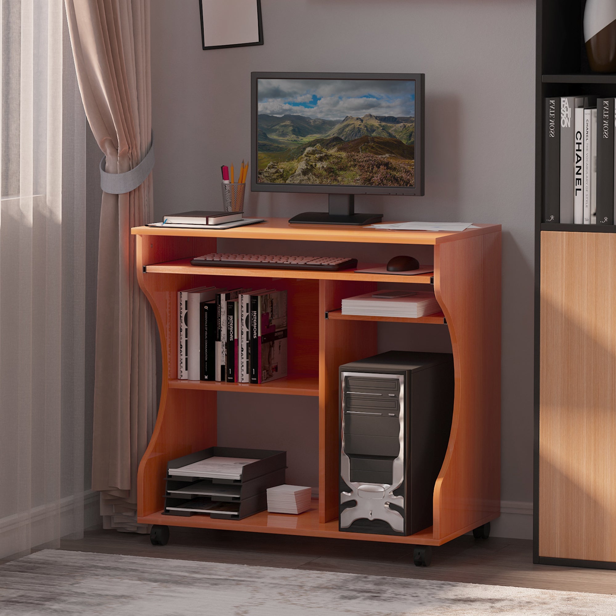 HOMCOM Multi-Storage Compact Work Desk, with Wheels - Cherry Wood Colour - anydaydirect