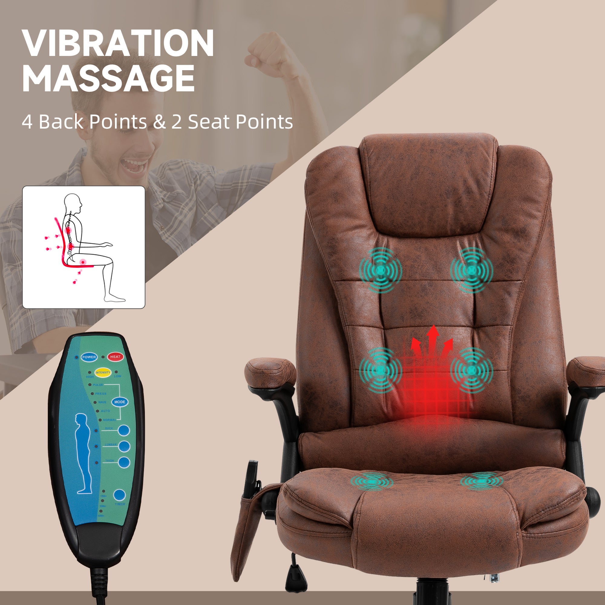 Vinsetto Massage Recliner Chair Heated Office Chair with Six Massage Points Microfiber Cloth 360° Swivel Wheels Brown - anydaydirect