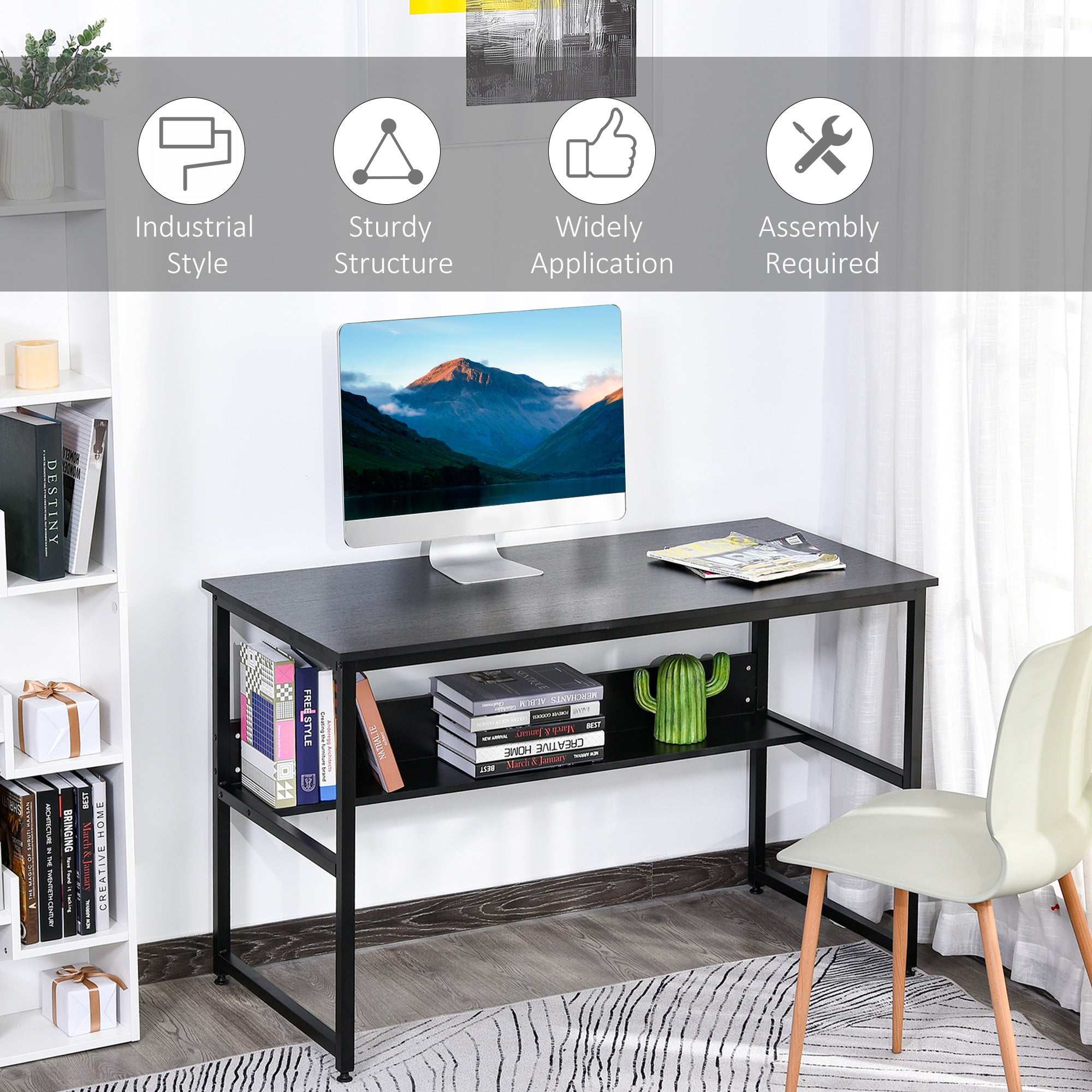HOMCOM Computer Desk with Storage Shelf, 120 x 60cm Home Office Desk with Metal Frame, Study Table, Easy Assembly, Black - anydaydirect