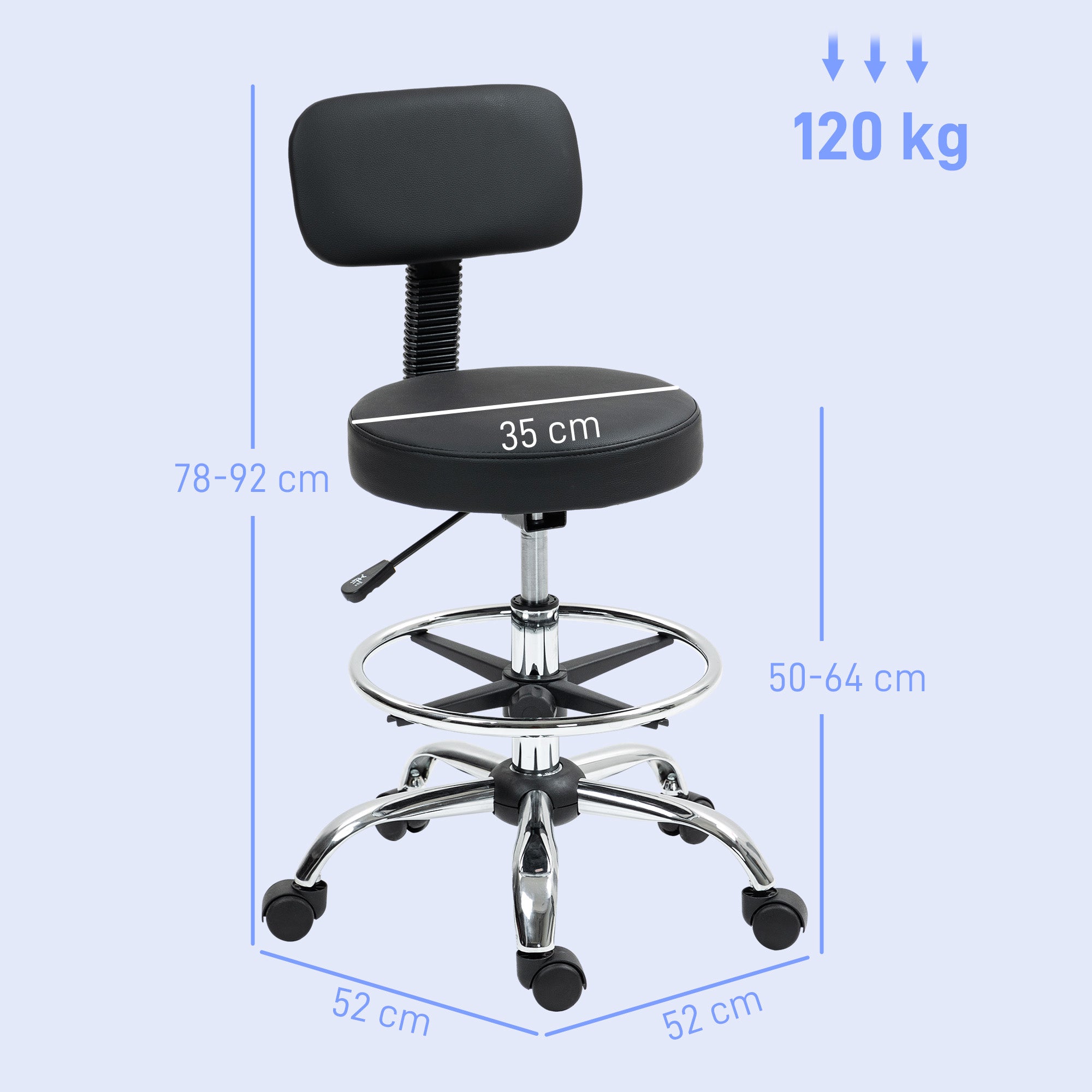 HOMCOM Drafting Chair, Office Chair with Backrest and Adjustable Footrest, Height Adjustable Stool, Leather Padded Rolling Task Chair for Home Office, Black - anydaydirect