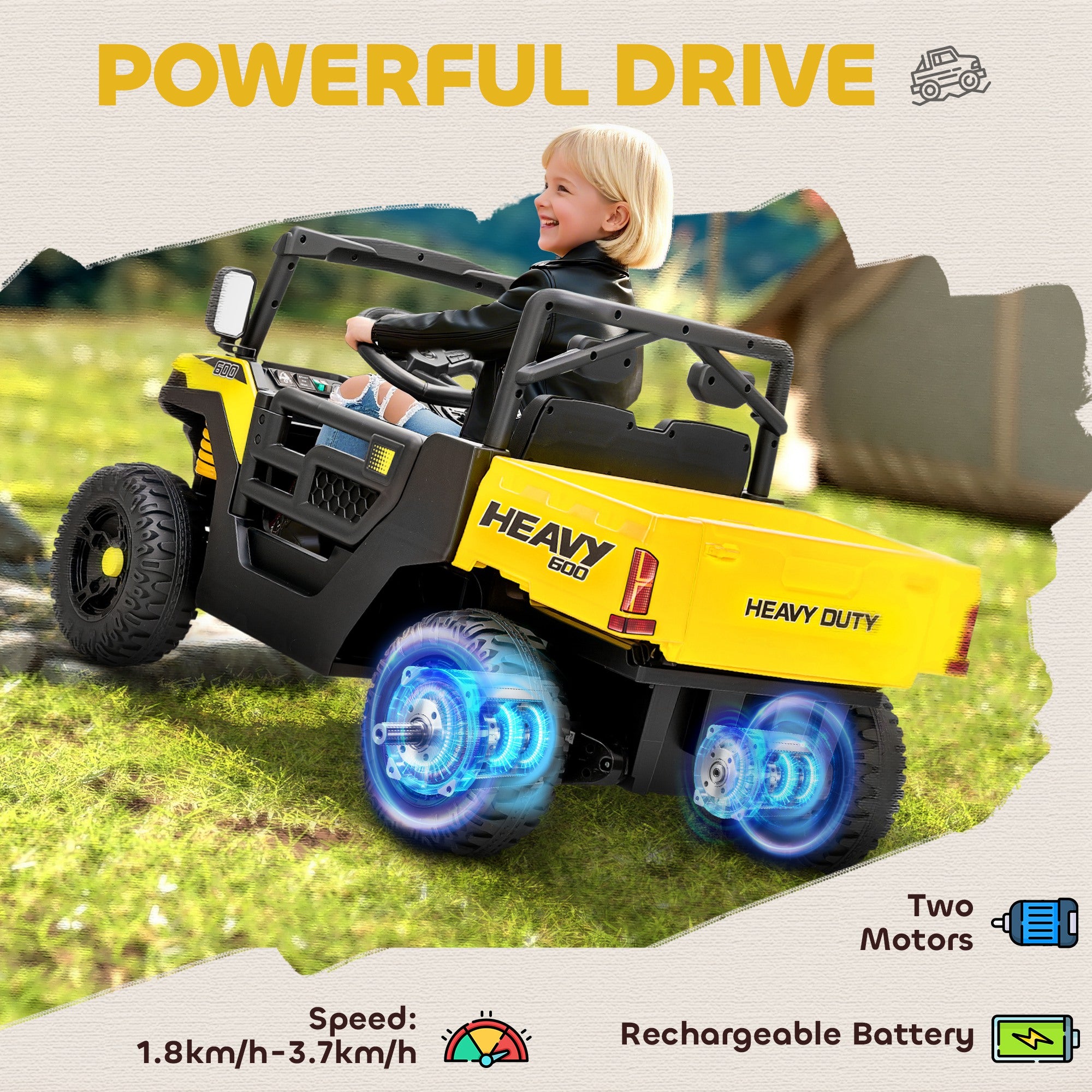 AIYAPLAY Kids Ride on Car, 12V Electric Kids UTV with Electric Dump Bed, 4-Wheel Suspension for 3-8 Years, Yellow - anydaydirect