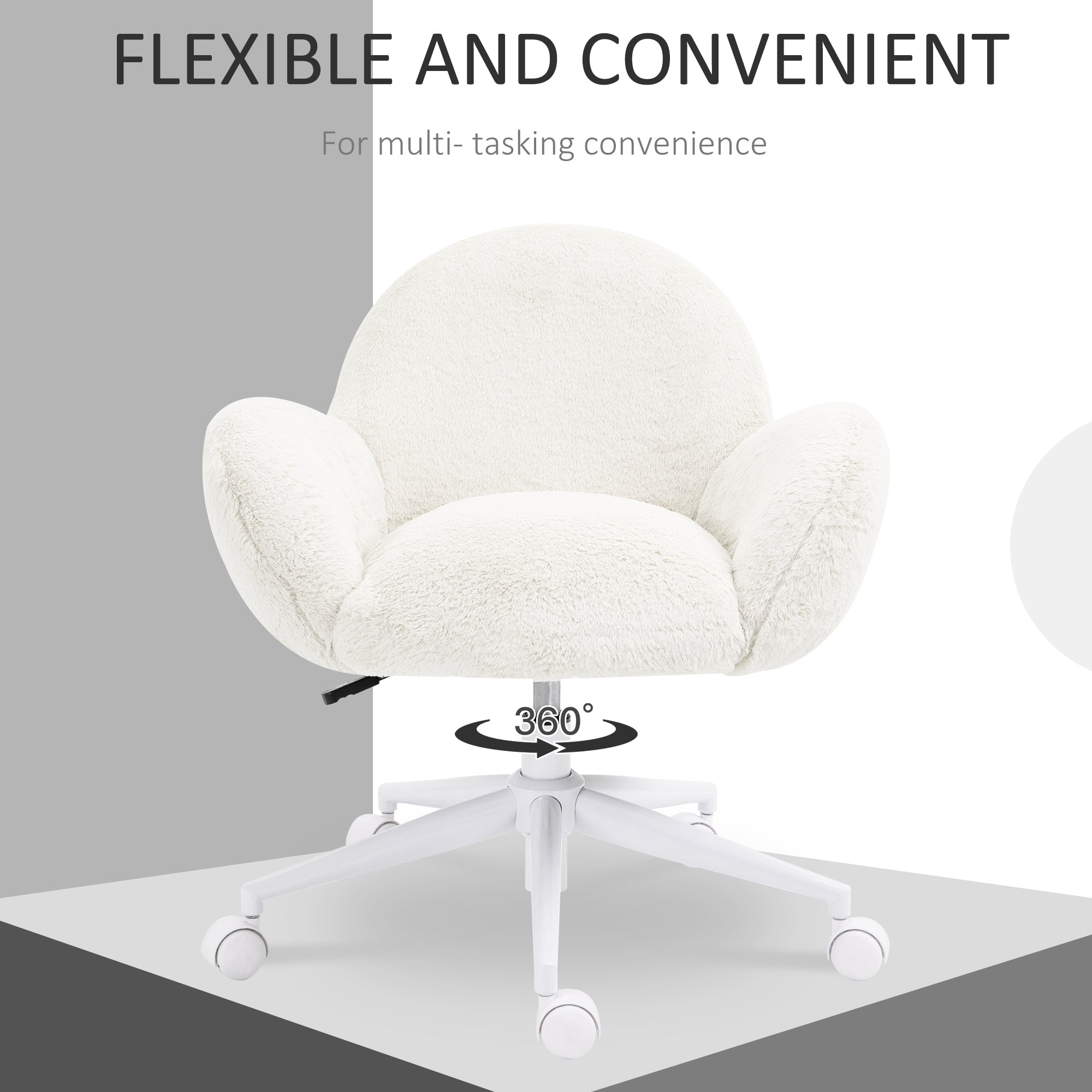 HOMCOM Makeup Vanity Chair, Cute Fluffy Desk Chair with Rolling Wheels for Bedroom Living Room, Cream White - anydaydirect