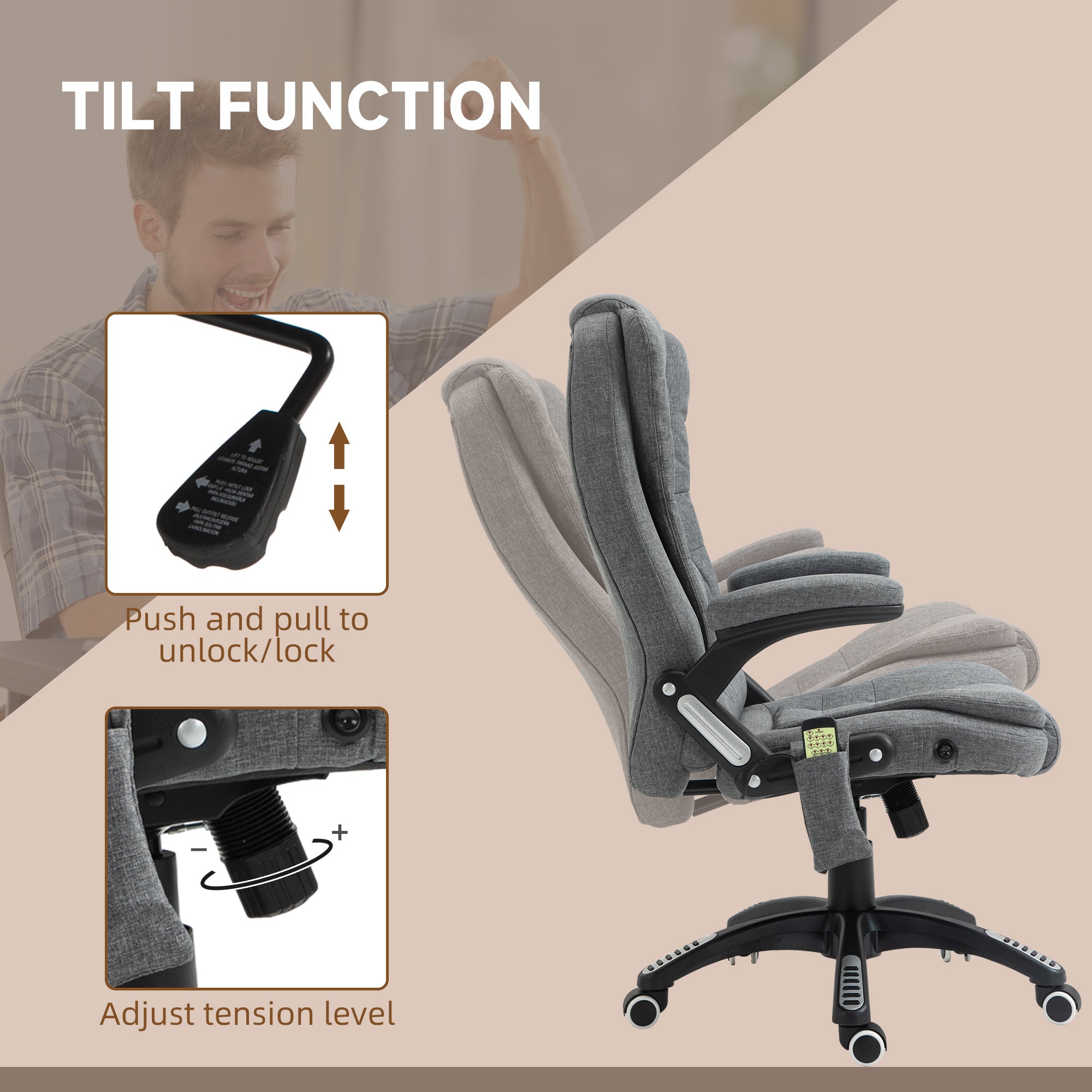 Vinsetto Massage Recliner Chair Heated Office Chair with Six Massage Points Linen-Feel Fabric 360° Swivel Wheels Grey - anydaydirect