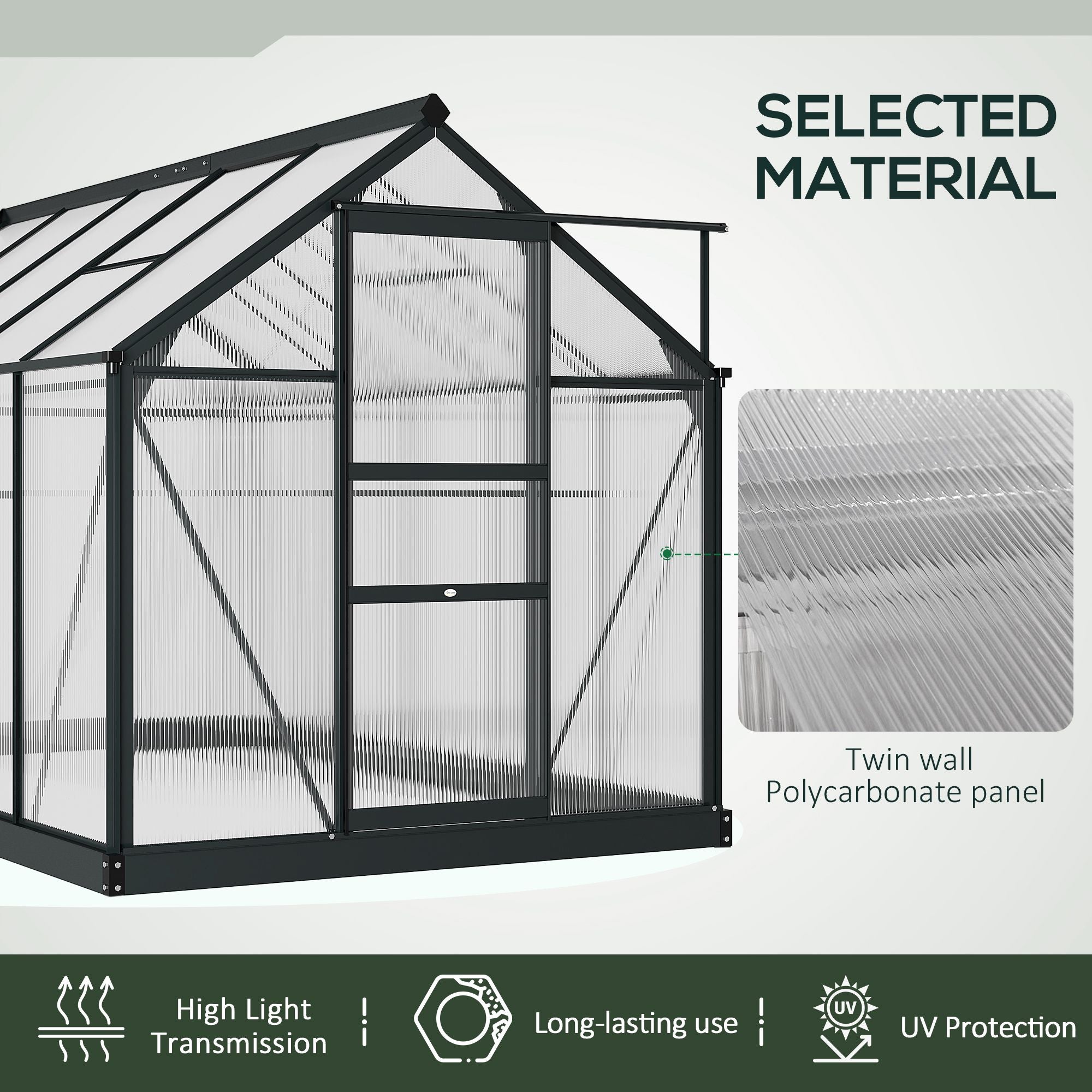 Outsunny 6 x 10ft Polycarbonate Greenhouse, Large Walk-In Green House with Slide Door and Window, Garden Plants Grow House with Aluminium Frame and Foundation, Grey - anydaydirect