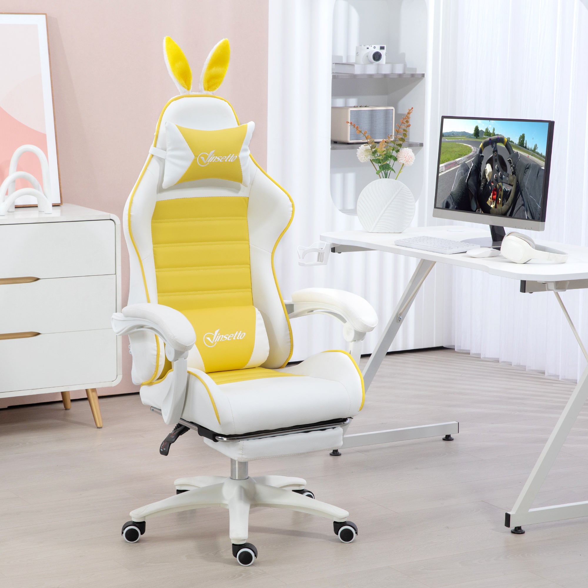 Vinsetto Racing Gaming Chair, Reclining PU Leather Computer Chair with Removable Rabbit Ears, Footrest, Headrest and Lumber Support, Yellow - anydaydirect