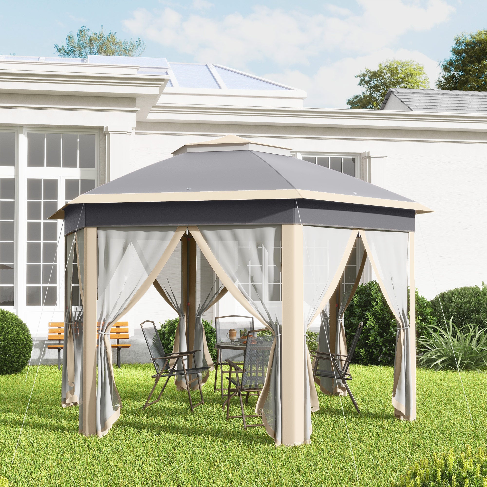 Outsunny Hexagon Pop Up Gazebo Outdoor Patio Gazebo Double Roof Instant Shelter with Netting, 3 x 4m, Khaki - anydaydirect