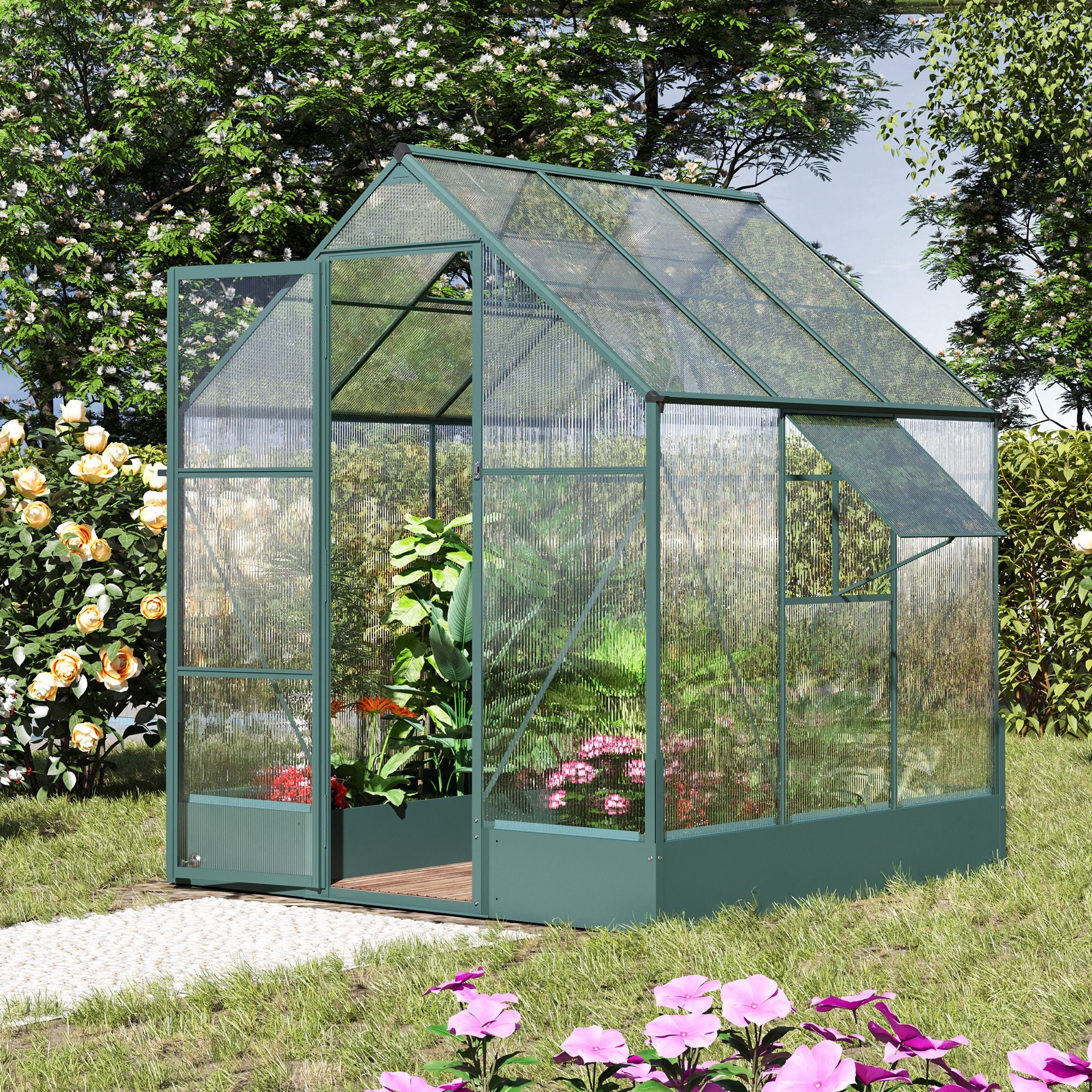 Outsunny Garden Walk-in Aluminium Greenhouse Polycarbonate with Plant Bed, Temperature Controlled Window, Foundation, 6 x 6ft - anydaydirect