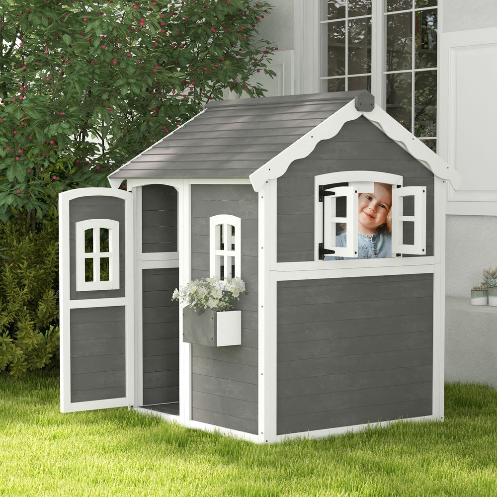 Outsunny Wooden Wendy House for Kids with Floor, for Gardens, Patios - Grey - anydaydirect