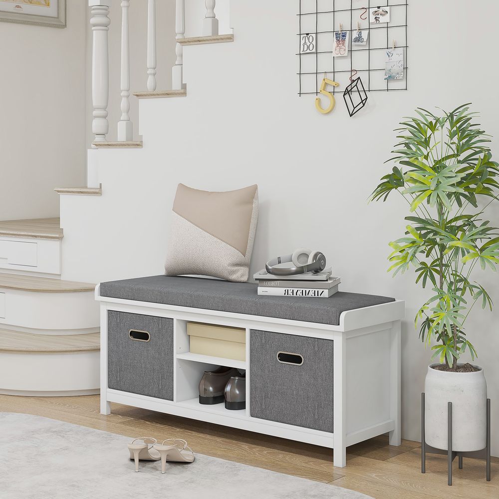 HOMCOM Shoe Bench with Cushioned Seat Fabric Drawers for Entryway Hallway White - anydaydirect