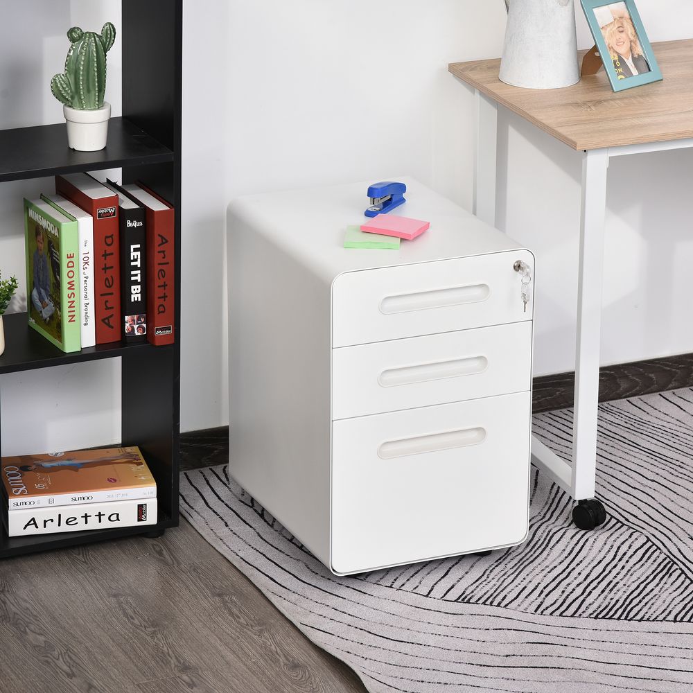 3 Draw Modern Steel Filing Cabinet w/ 4 Wheels Lock Pencil Box White Vinsetto - anydaydirect