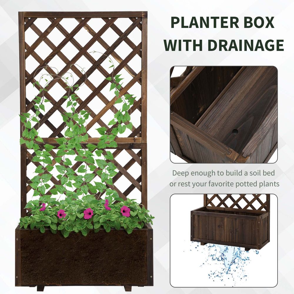 Garden Wooden Pine Trough Planter with Topped Trellis Climbing Plant - anydaydirect