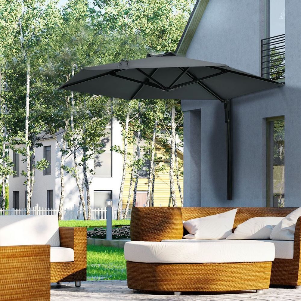 Outsunny Wall-Mounted Parasol Patio Umbrella with Hand to Push System Dark Grey - anydaydirect