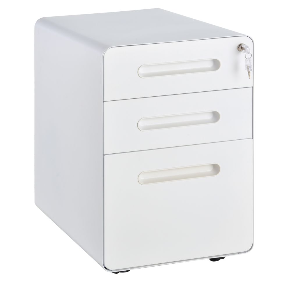 3 Draw Modern Steel Filing Cabinet w/ 4 Wheels Lock Pencil Box White Vinsetto - anydaydirect