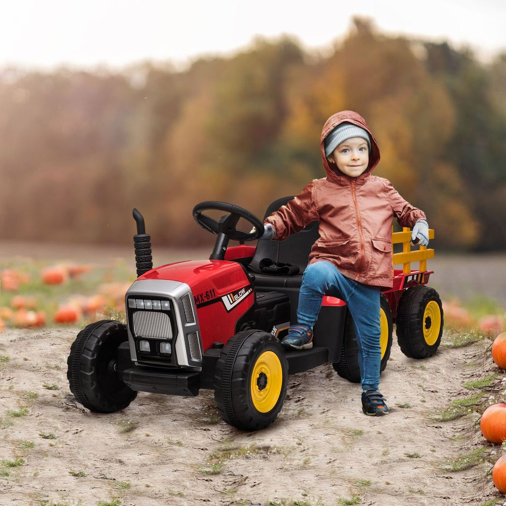 HOMCOM Ride on Tractor with Detachable Trailer, Remote Control, Music - Red - anydaydirect
