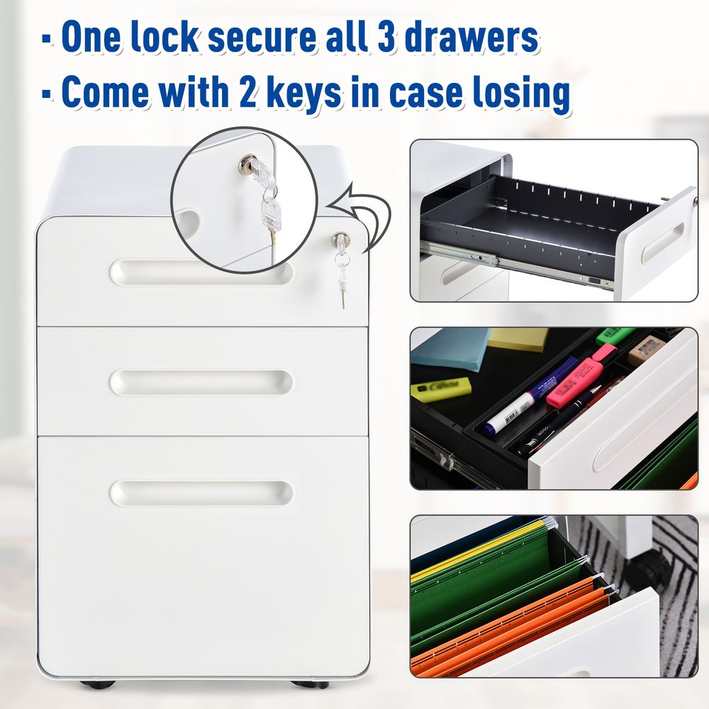 3 Draw Modern Steel Filing Cabinet w/ 4 Wheels Lock Pencil Box White Vinsetto - anydaydirect