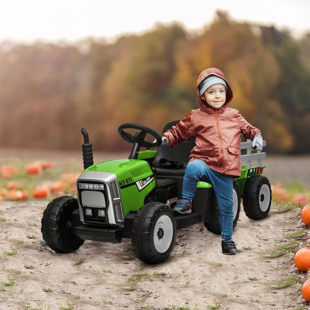 HOMCOM Ride on Tractor with Detachable Trailer, Remote Control, Music - Green - anydaydirect