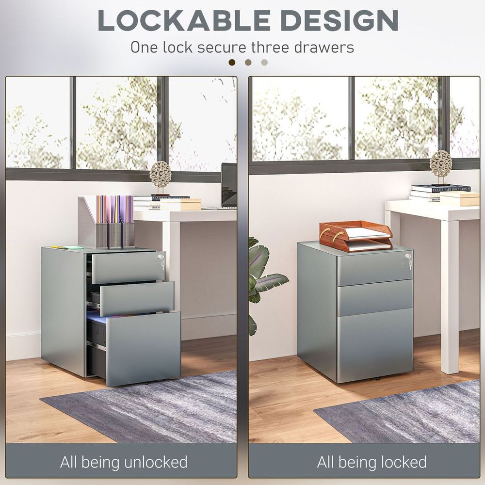 Vinsetto 3 Drawer Metal Filing Cabinet Lockable 5 Wheels Compact Under Desk Grey - anydaydirect