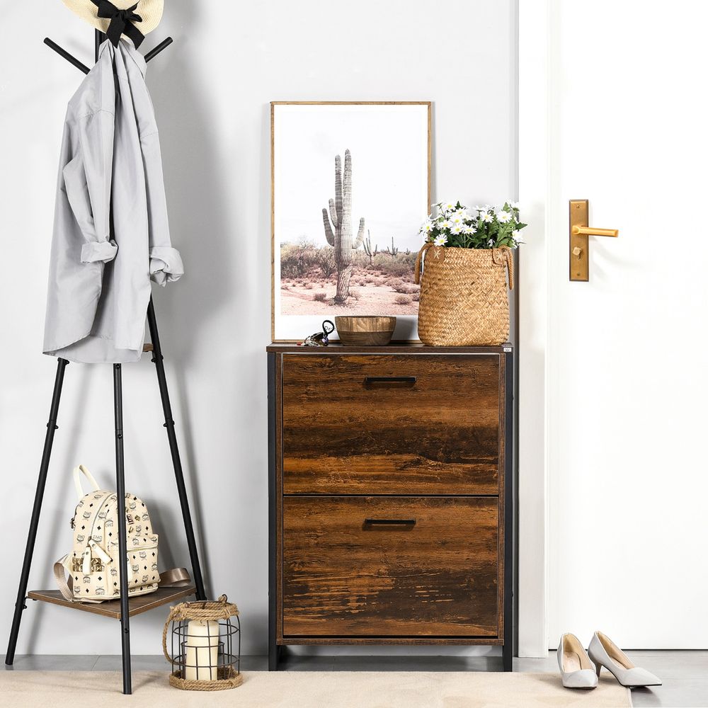 HOMCOM 2 Flip Door Shoe Cabinet with Divider for Entryway Rustic Brown - anydaydirect