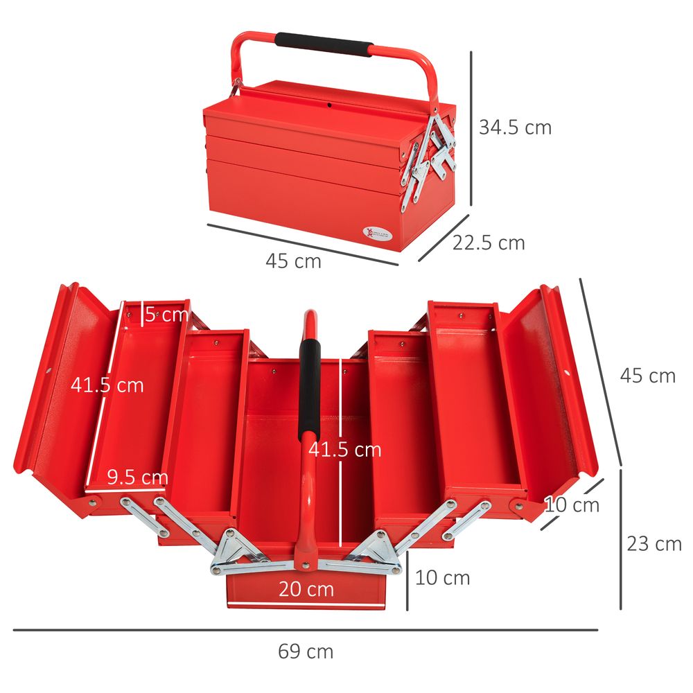 Metal Tool Box 3 Tier 5 Tray Professional Toolbox, 45x22.5x34.5cm, Red - anydaydirect