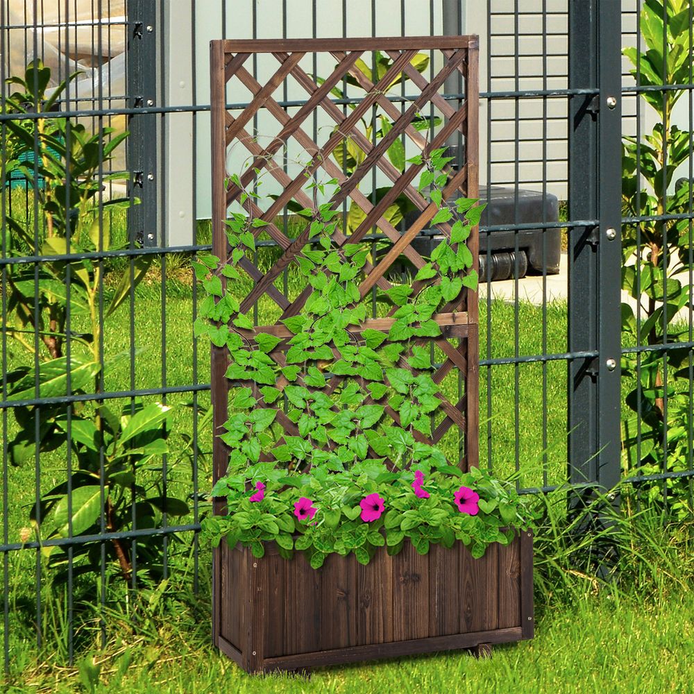 Garden Wooden Pine Trough Planter with Topped Trellis Climbing Plant - anydaydirect