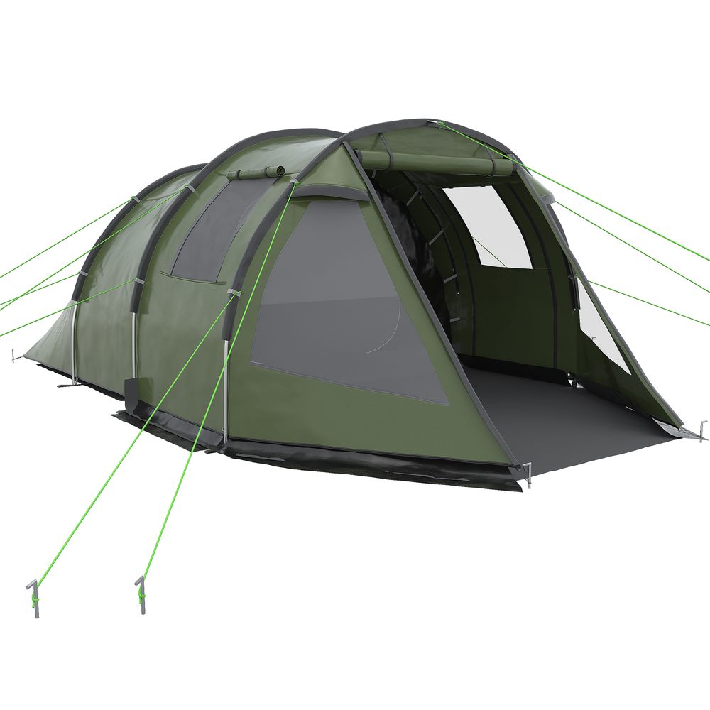 Outsunny 3-4 Persons Tunnel Tent, Two Room Camping Tent w/ Windows, Green - anydaydirect