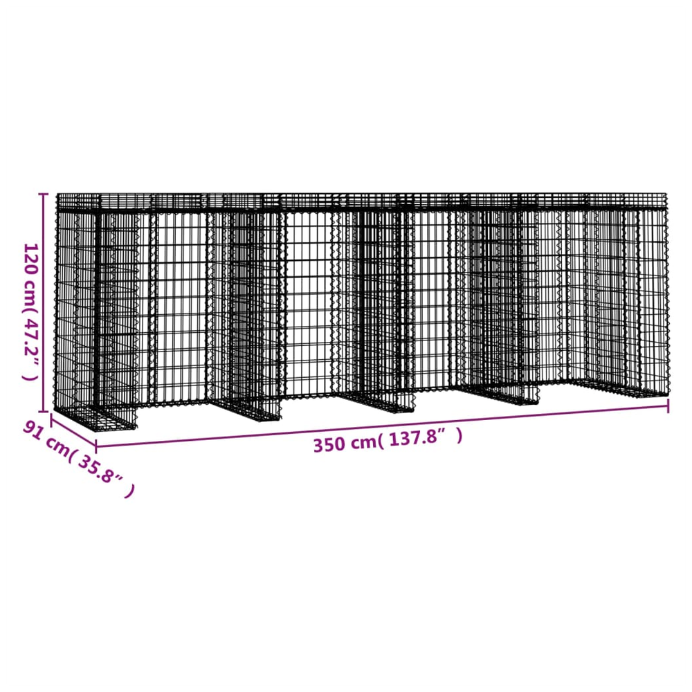 Gabion Wall for Garbage Wheelie Bin Storage 350x91x120 cm Galvanised Iron - anydaydirect