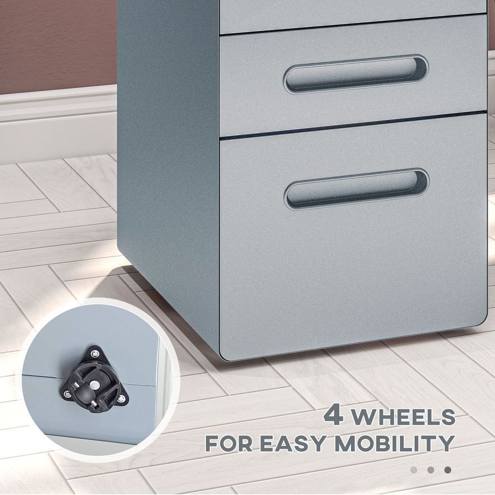 Vinsetto 3 Drawer Modern Steel Filing Cabinet w/ 4 Wheels Lock Pencil Box Grey - anydaydirect