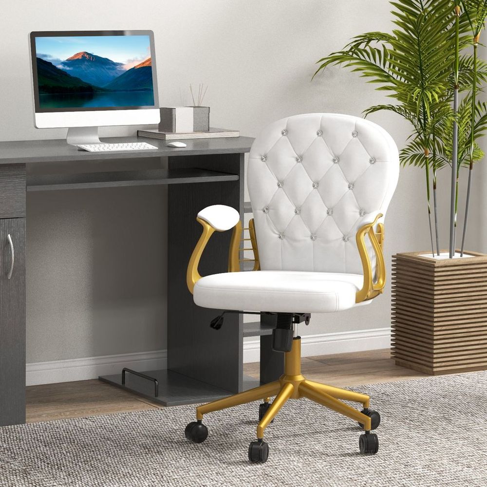 Vinsetto Home Office Chair Button Tufted Desk Chair with Swivel Wheels White - anydaydirect