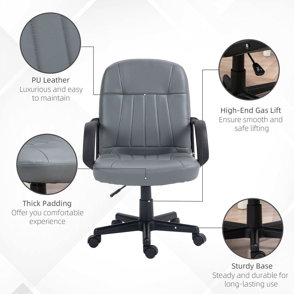 HOMCOM PU Leather Office Chair Swivel Home Mid-Back Computer Desk Chair, Grey - anydaydirect