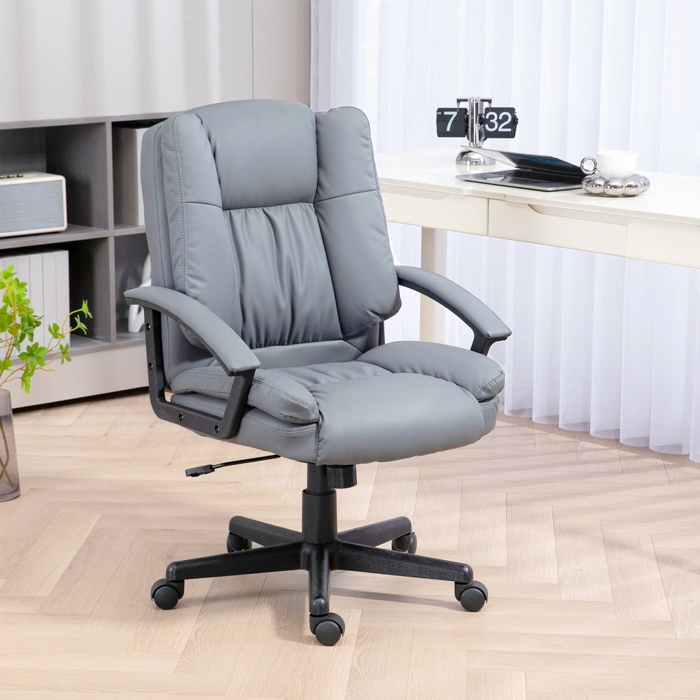 HOMCOM Faux Leather Home Office Chair Mid Back Desk Chair with Arms Light Grey - anydaydirect